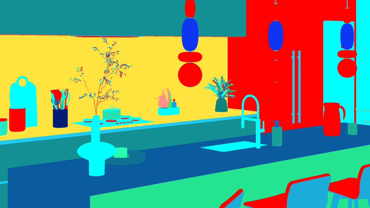 Material index of the same kitchen, every material filled with one flat colour