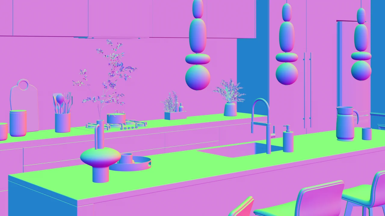 Surface normal map of the same kitchen, each surface coloured by the direction it faces