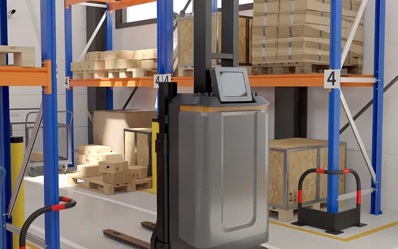 Rendered frame of a warehouse aisle, blue and orange pallet racking with boxes