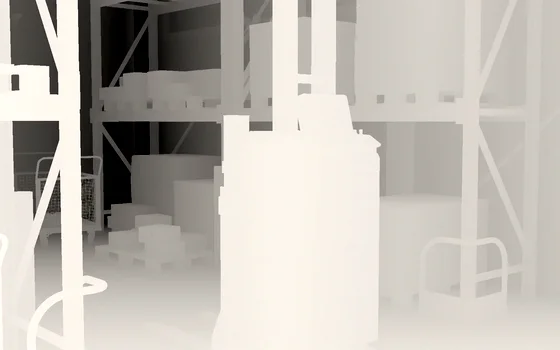 Depth pass of the same aisle, near surfaces bright and far surfaces dark