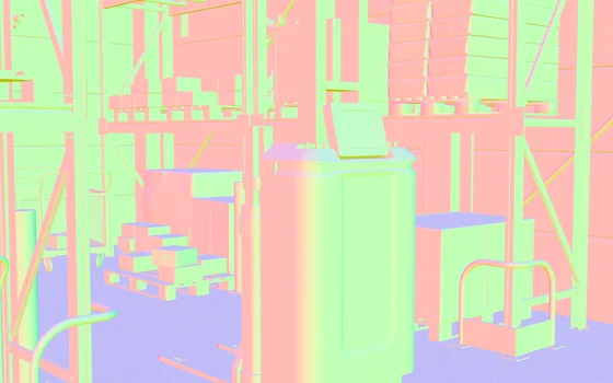 Surface normals pass of the same aisle, each surface coloured by the direction it faces