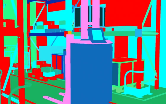 Instance segmentation of the same aisle, every object filled with one flat colour