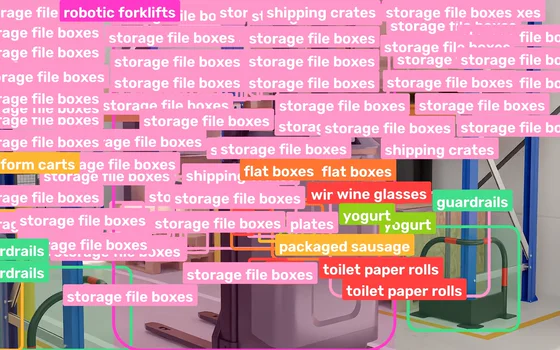 The same aisle with a 2D box and a class name drawn on every object