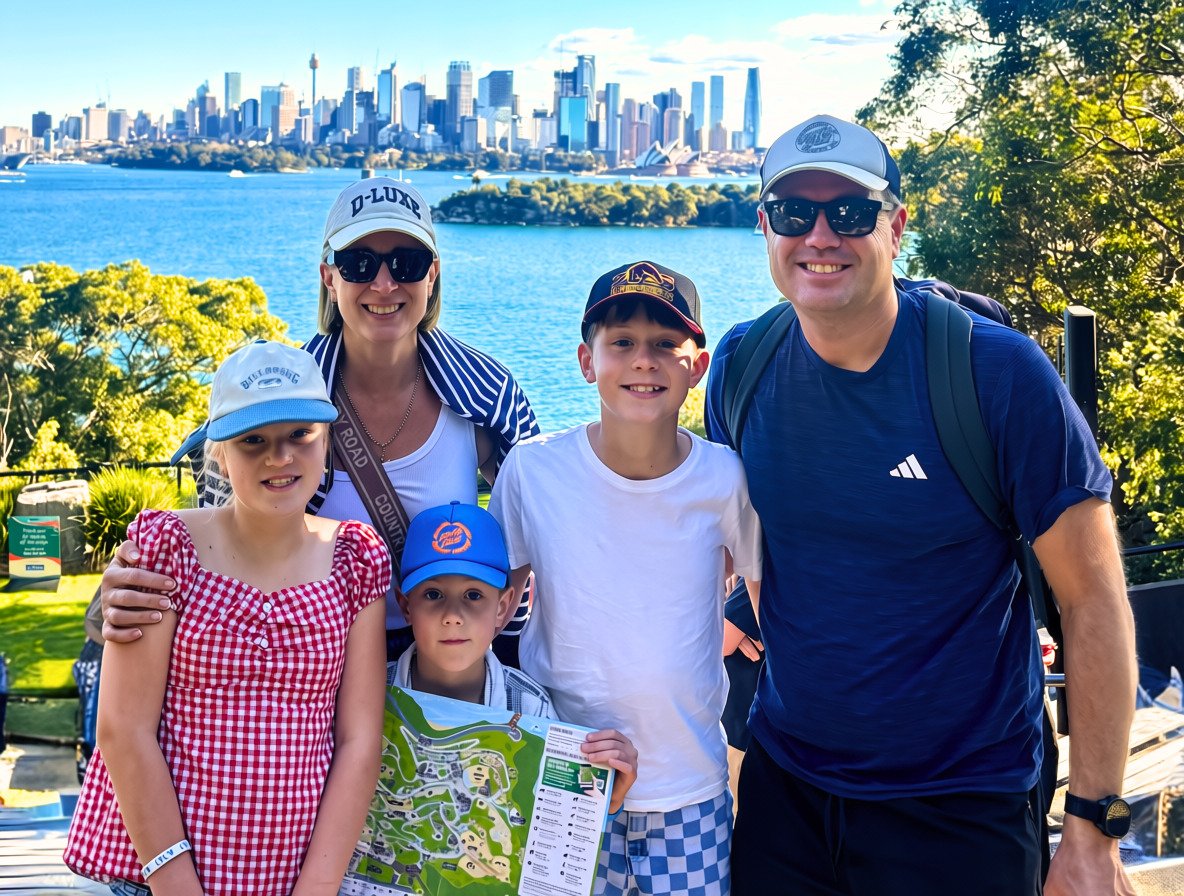 Stuart and his family overlooking Sydney Harbour