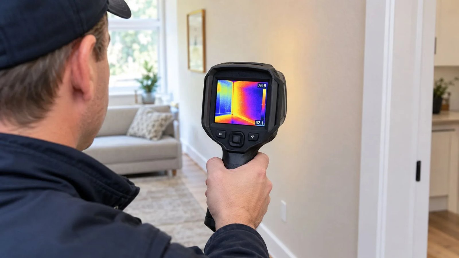 Apex technician using a thermal imaging camera to inspect a wall for termites