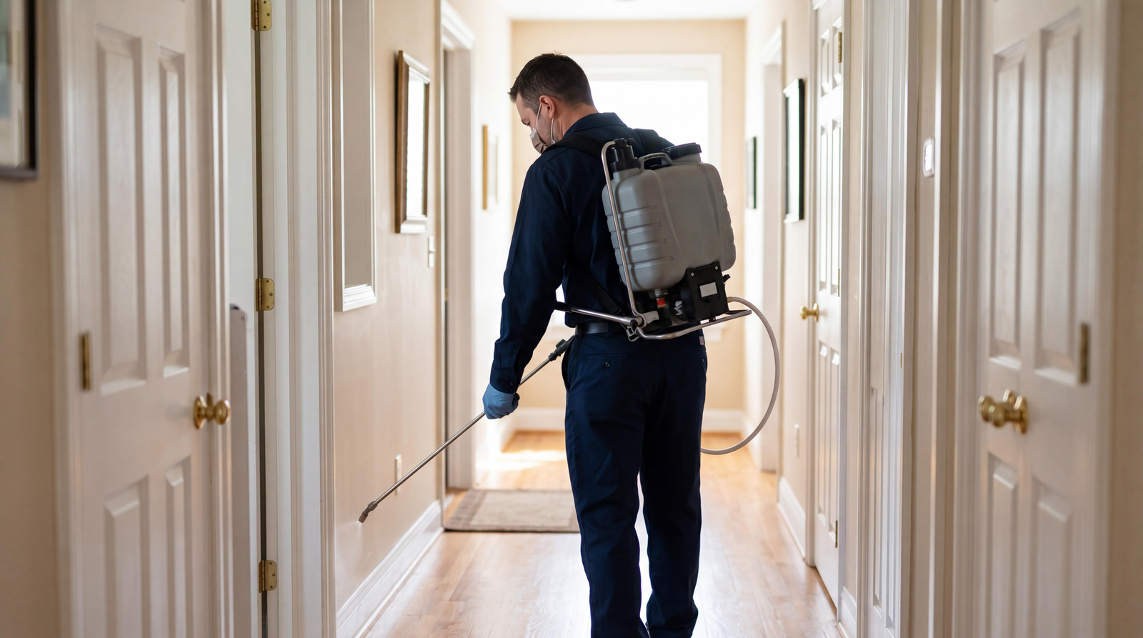 Apex technician with backpack sprayer treating a hallway