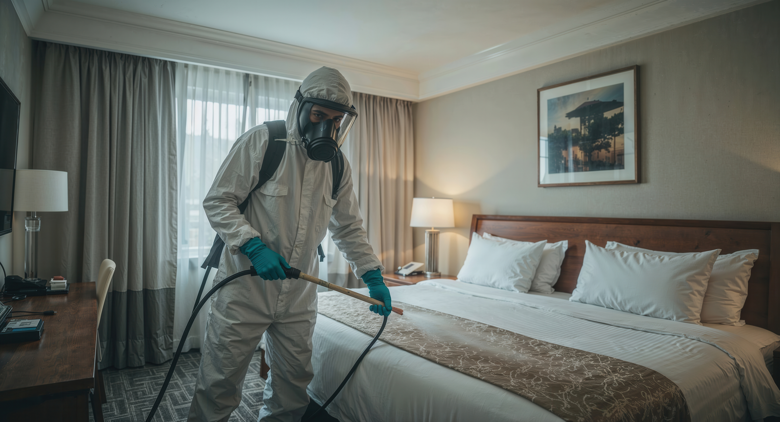 Apex technician in protective suit and respirator treating a bedroom