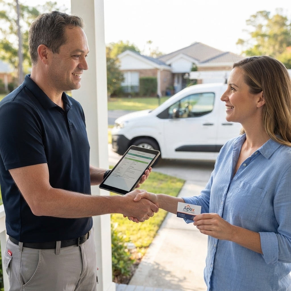 Apex Professional Pest Management technician greeting a customer before a pest treatment