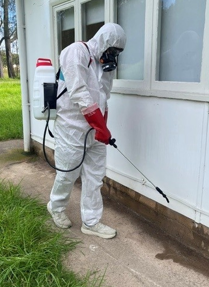 Apex technician in protective suit and respirator spraying a perimeter treatment along a building wall