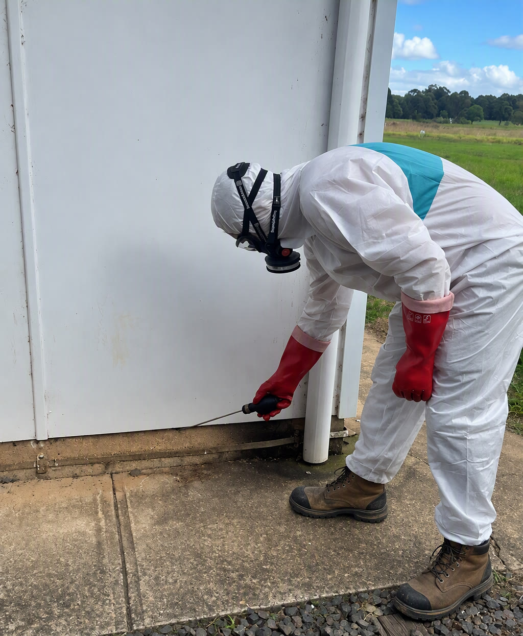 Apex technician in protective suit and respirator applying a crack and crevice pest treatment along the base of a building
