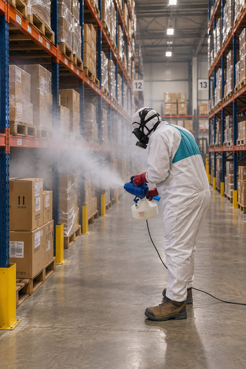 Apex technician in protective suit and respirator applying a commercial pest treatment between warehouse pallet racks