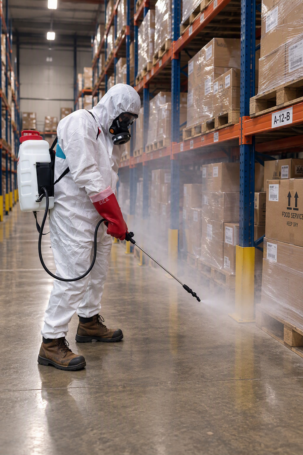 Apex technician with backpack sprayer treating the base of warehouse pallet racking during a commercial pest control service
