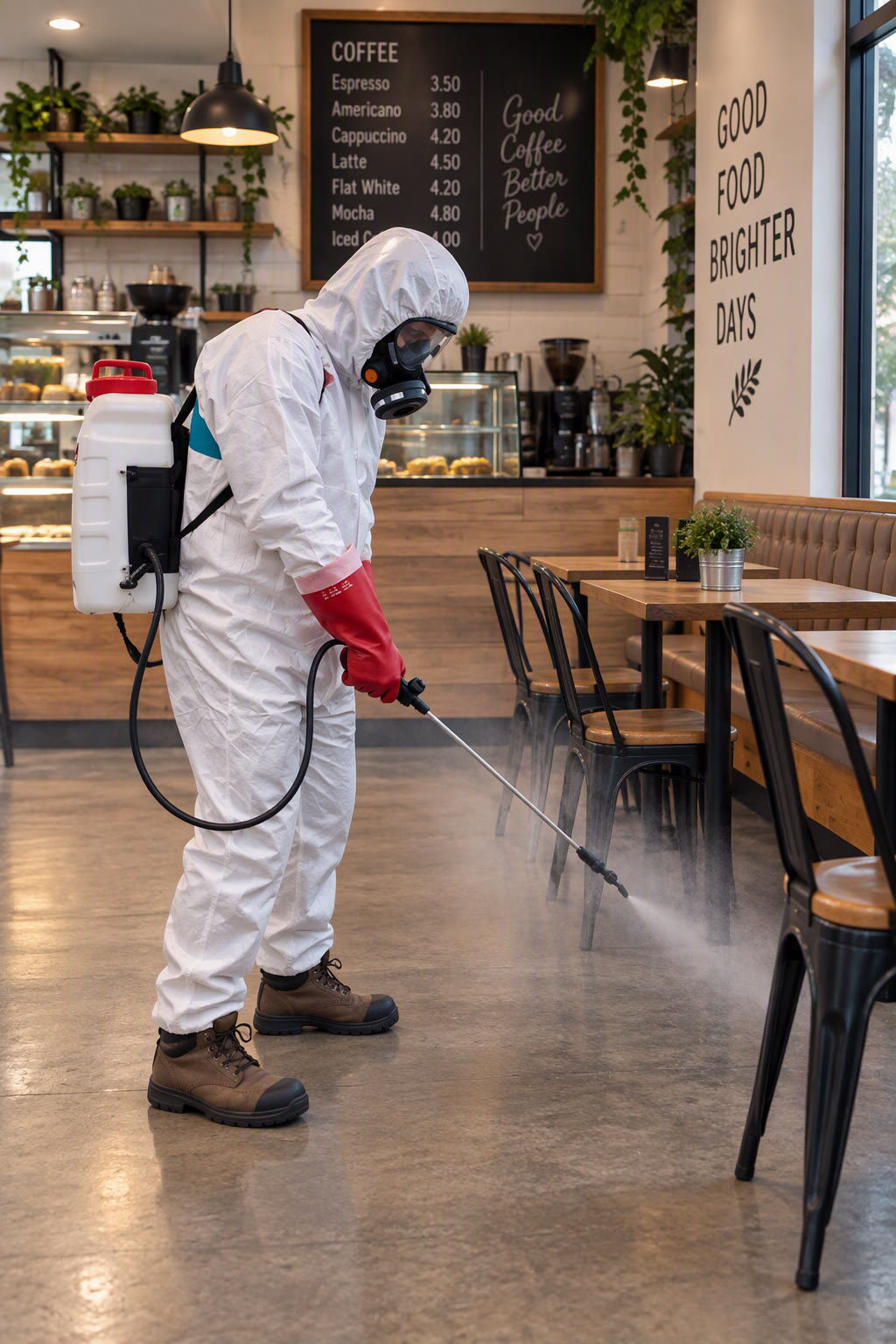 Apex technician with backpack sprayer carrying out a commercial pest treatment in a café dining area
