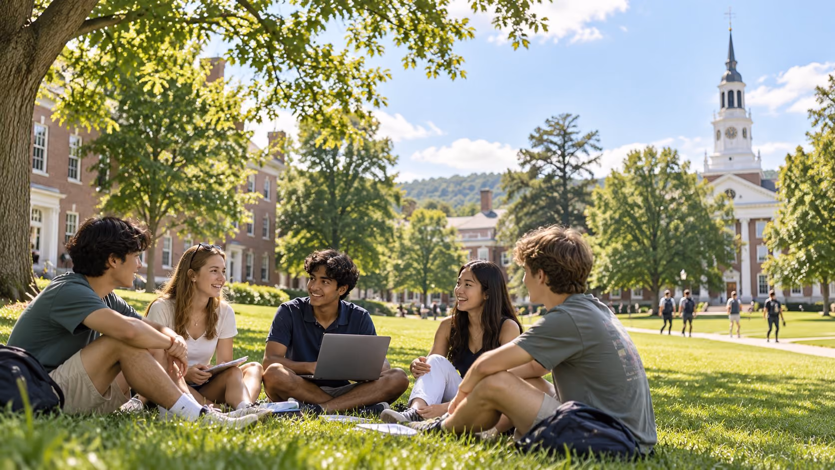Precollege students sitting together on the Dartmouth Green, Baker Tower behind them
