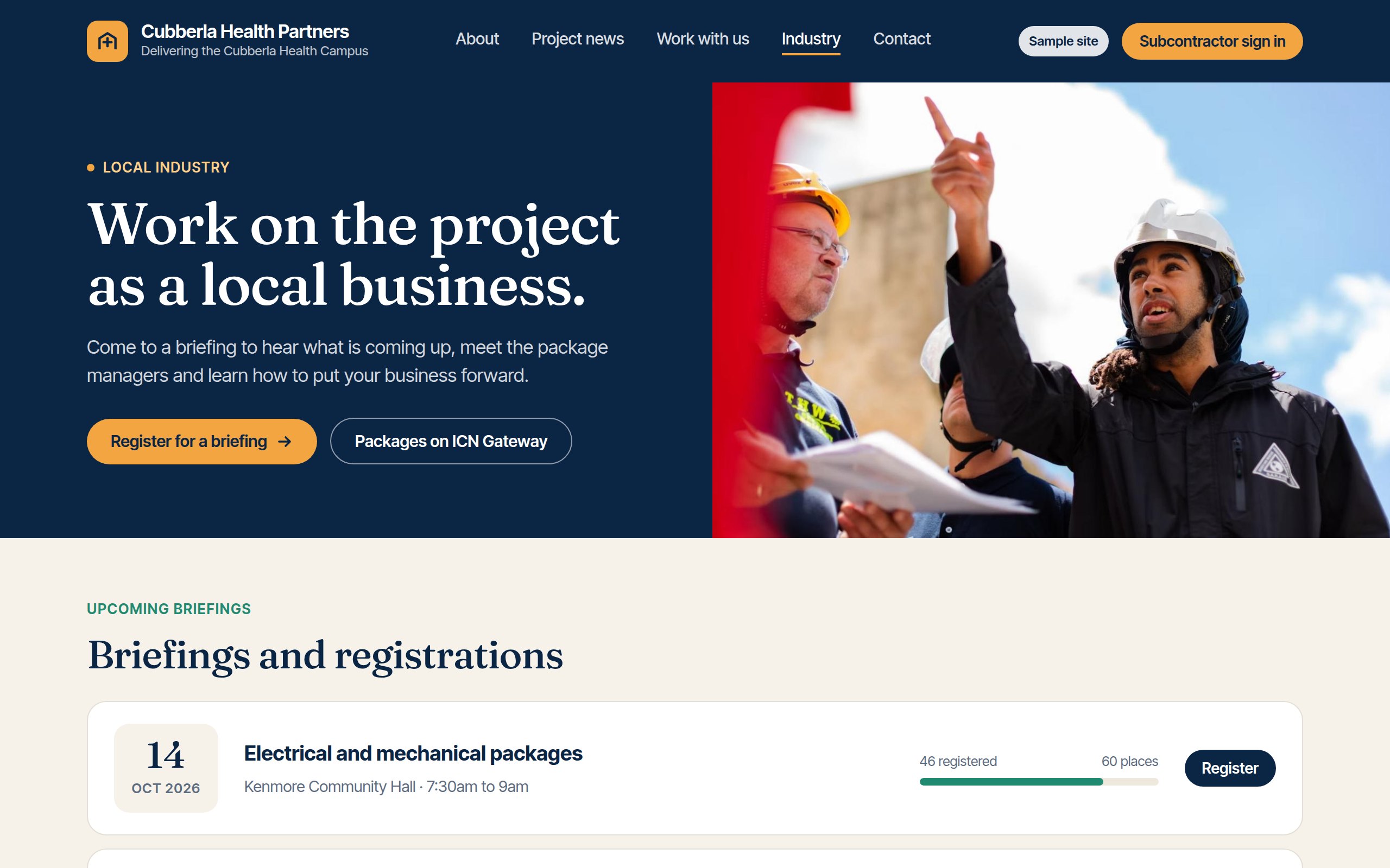 Industry briefings list with register buttons