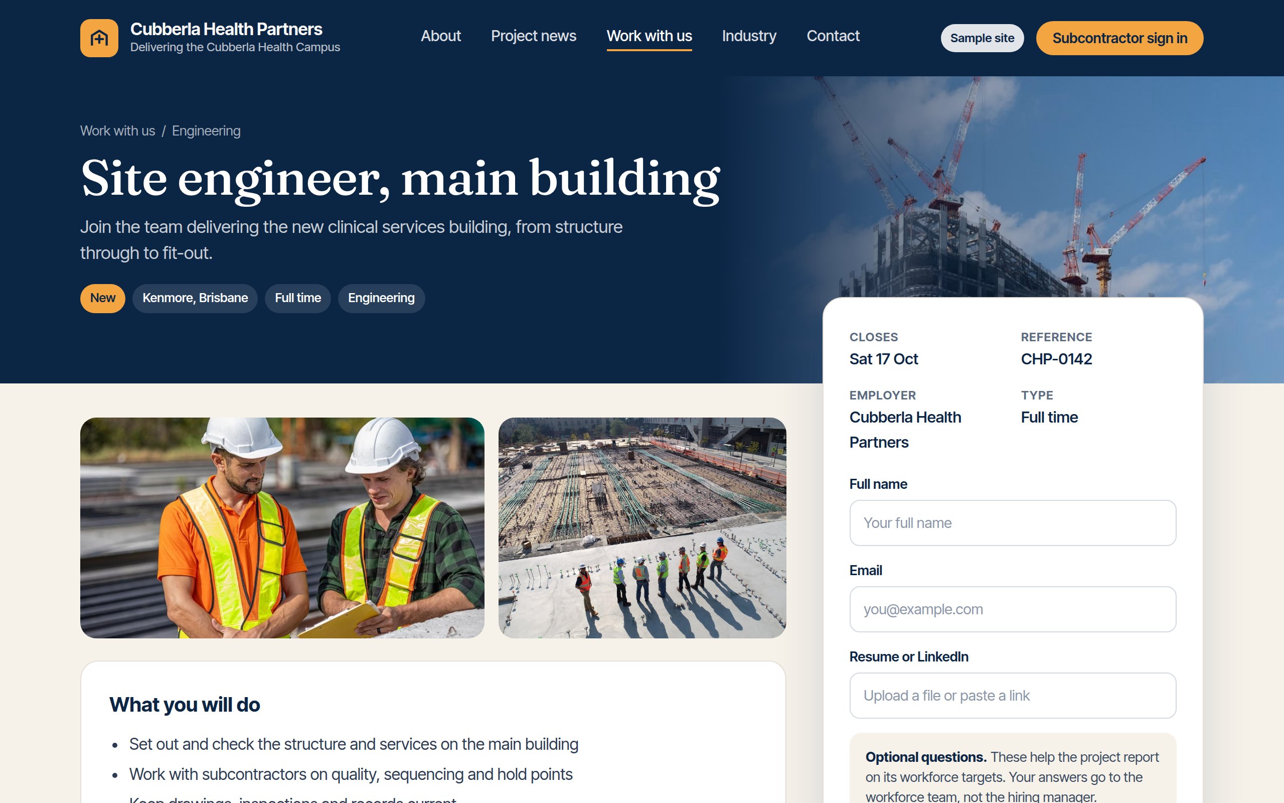 Job page with application form and optional questions