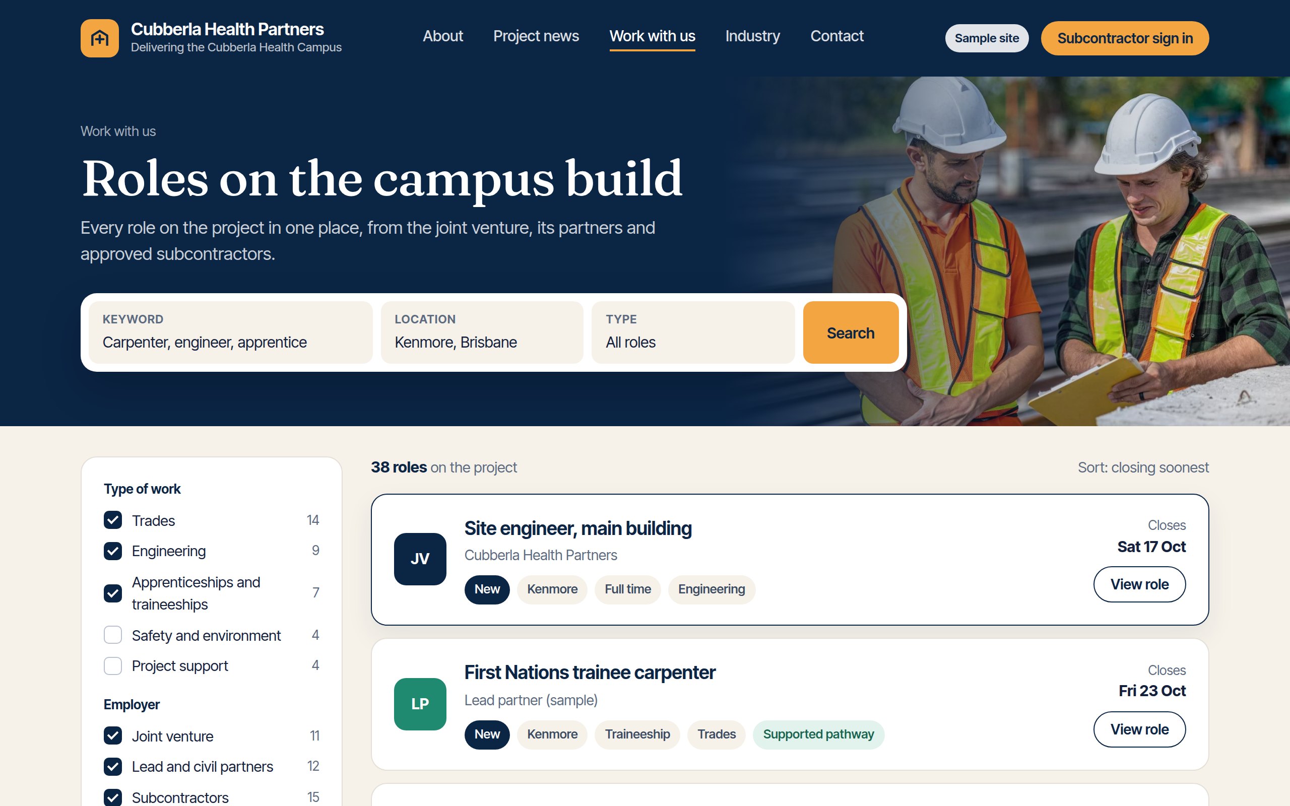 Connect jobs board for the sample Cubberla Health Partners joint venture