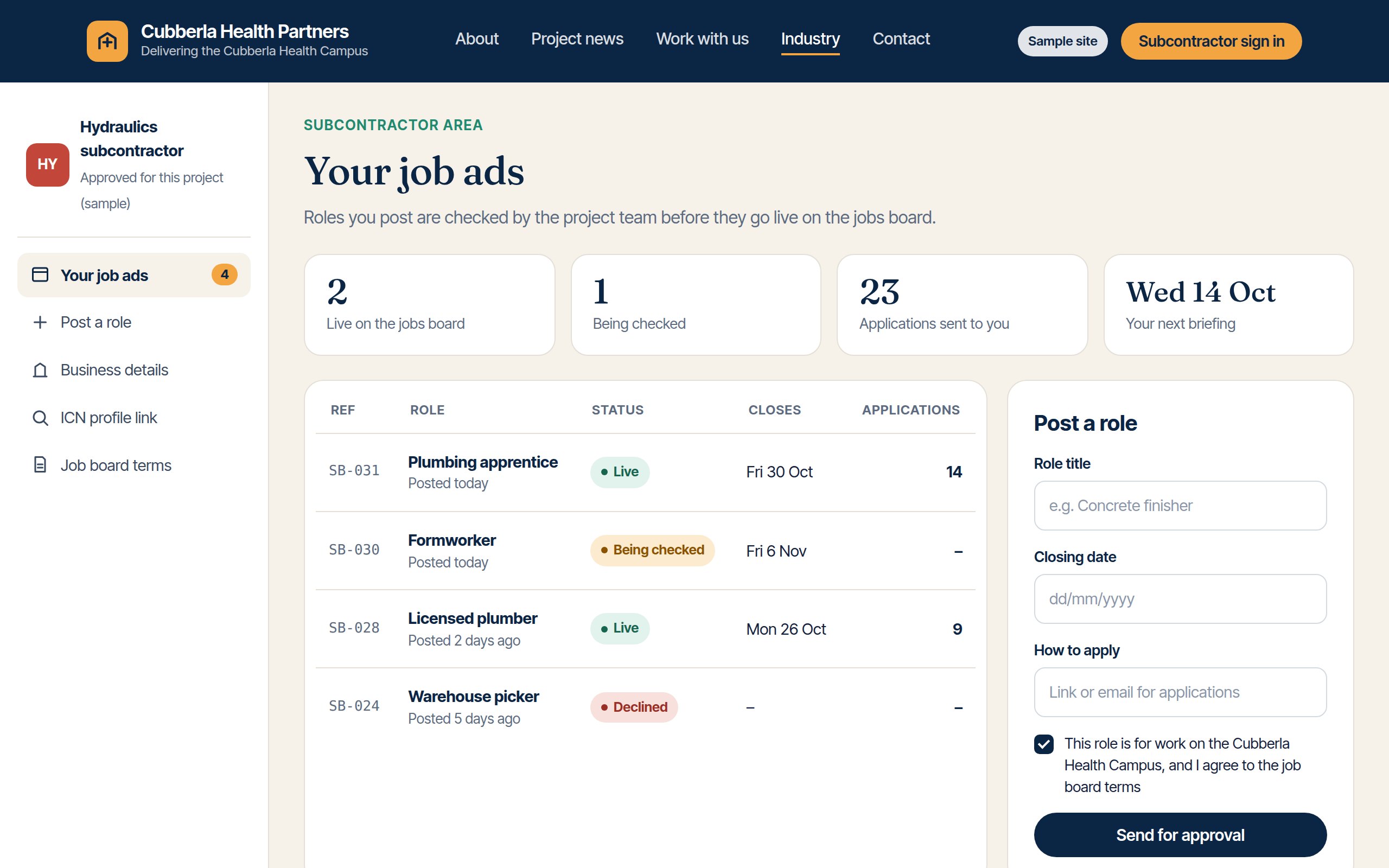 Subcontractor dashboard with job ads and a post a role form