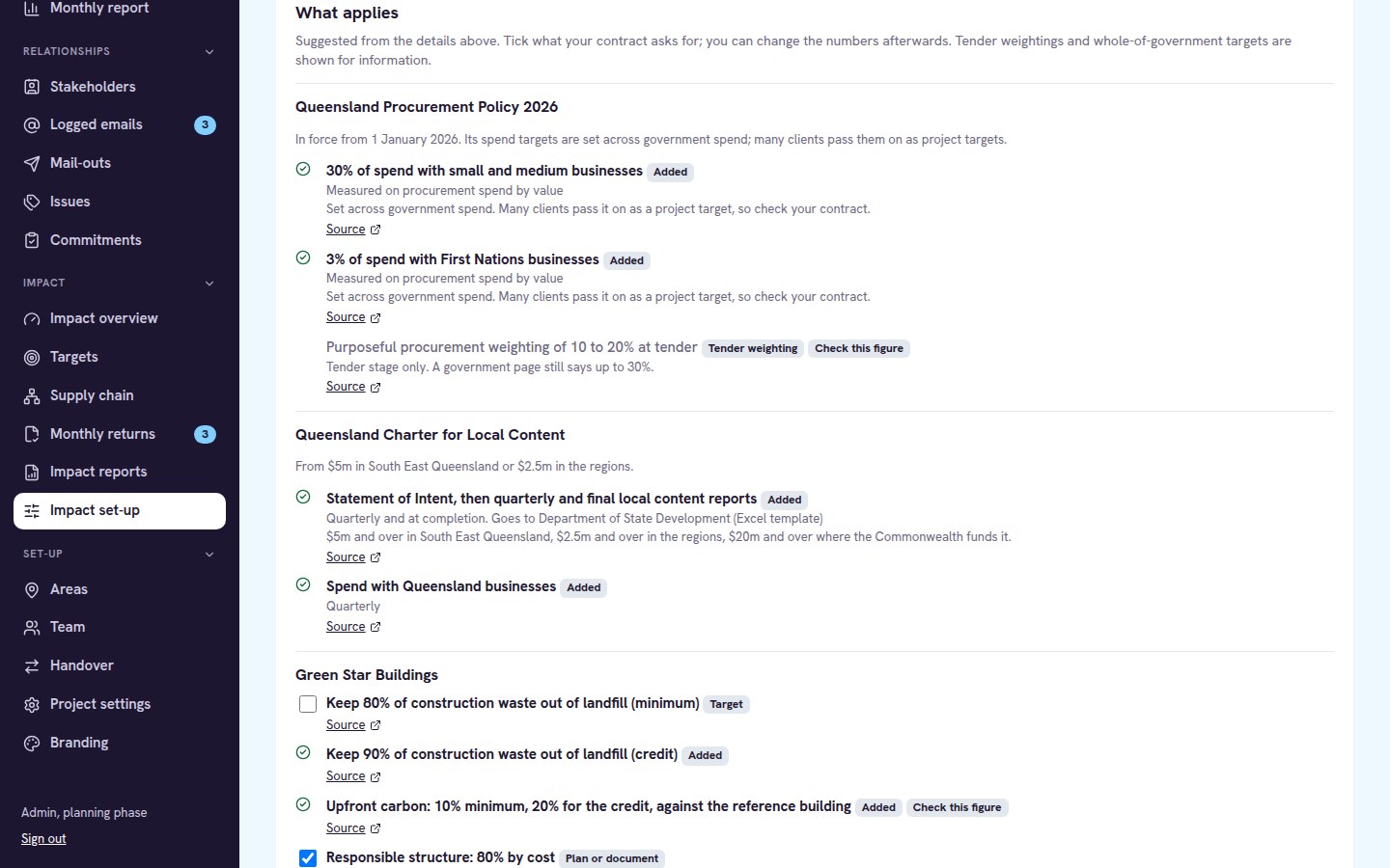 Suggested state policies and Green Star targets to tick for a project