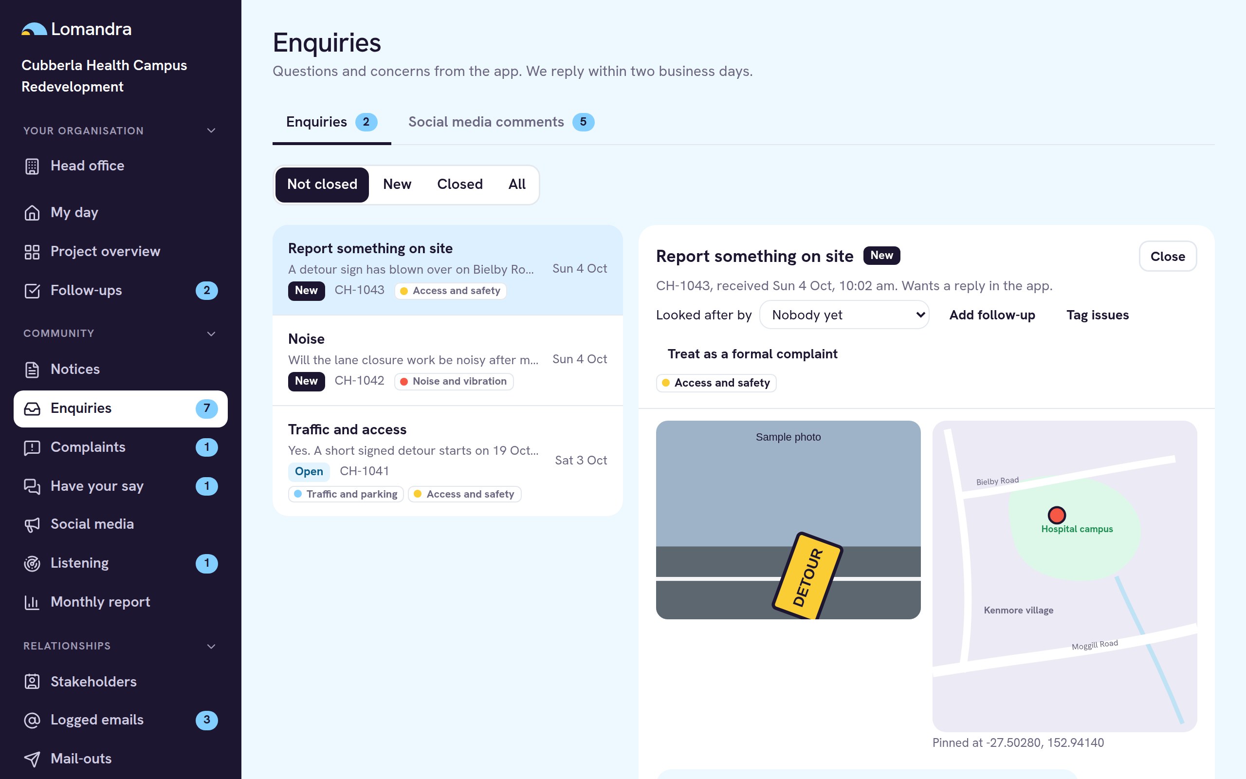 Enquiries inbox showing a report with a photo and map location