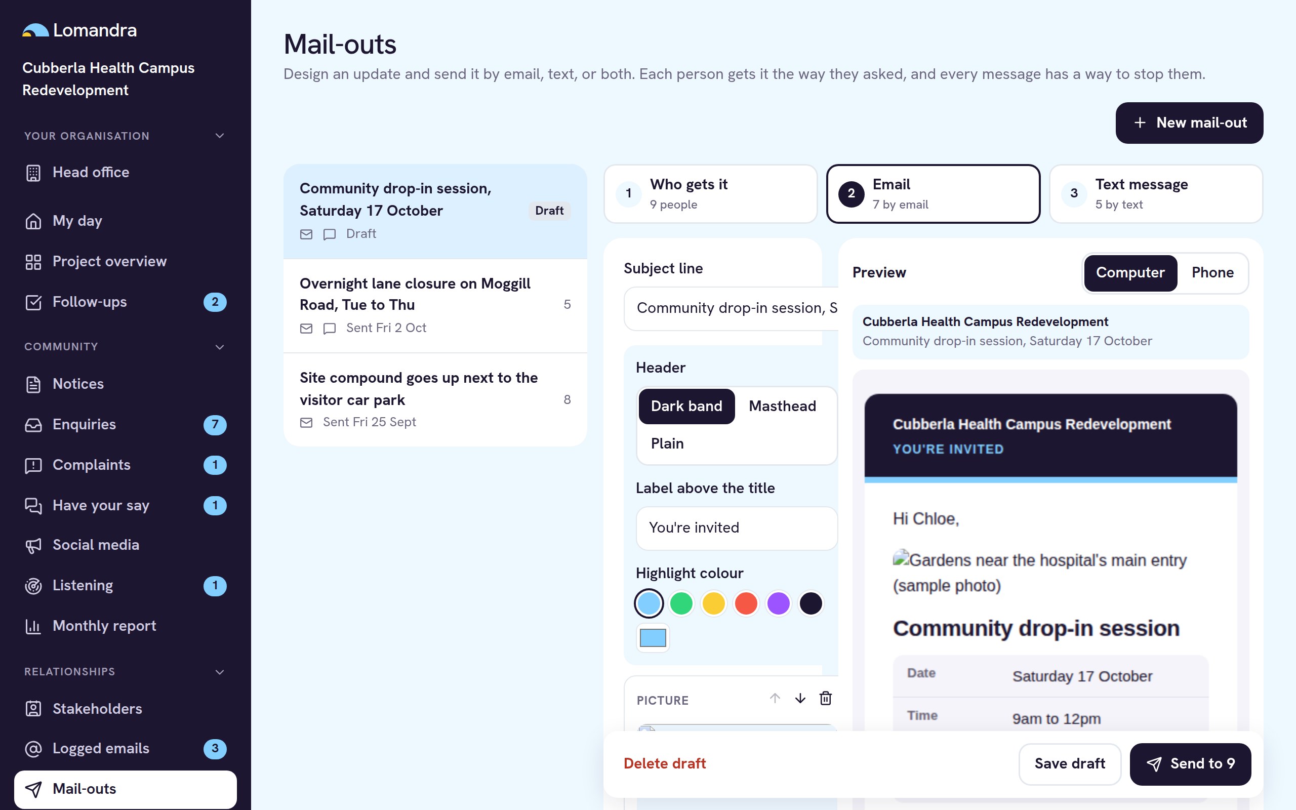 Mail-out editor with an email preview