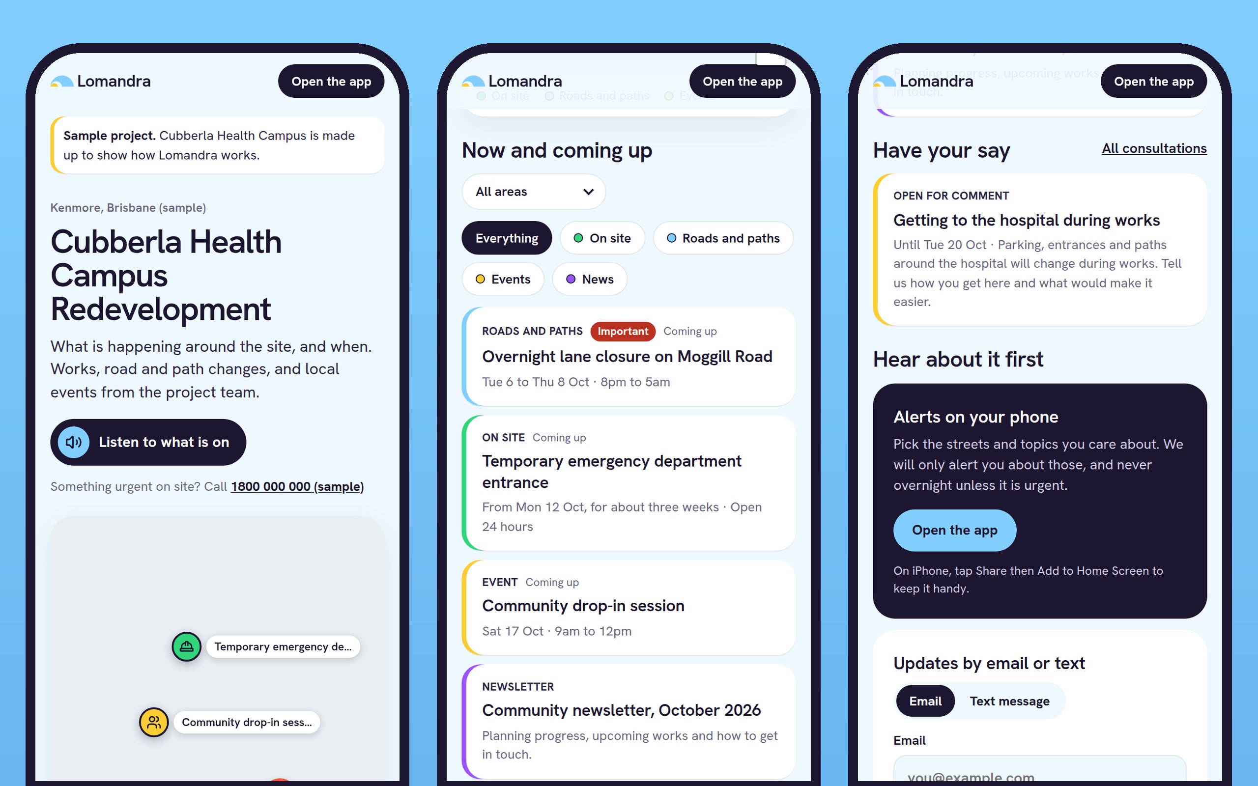 Three phone screens of the public updates page for the sample project