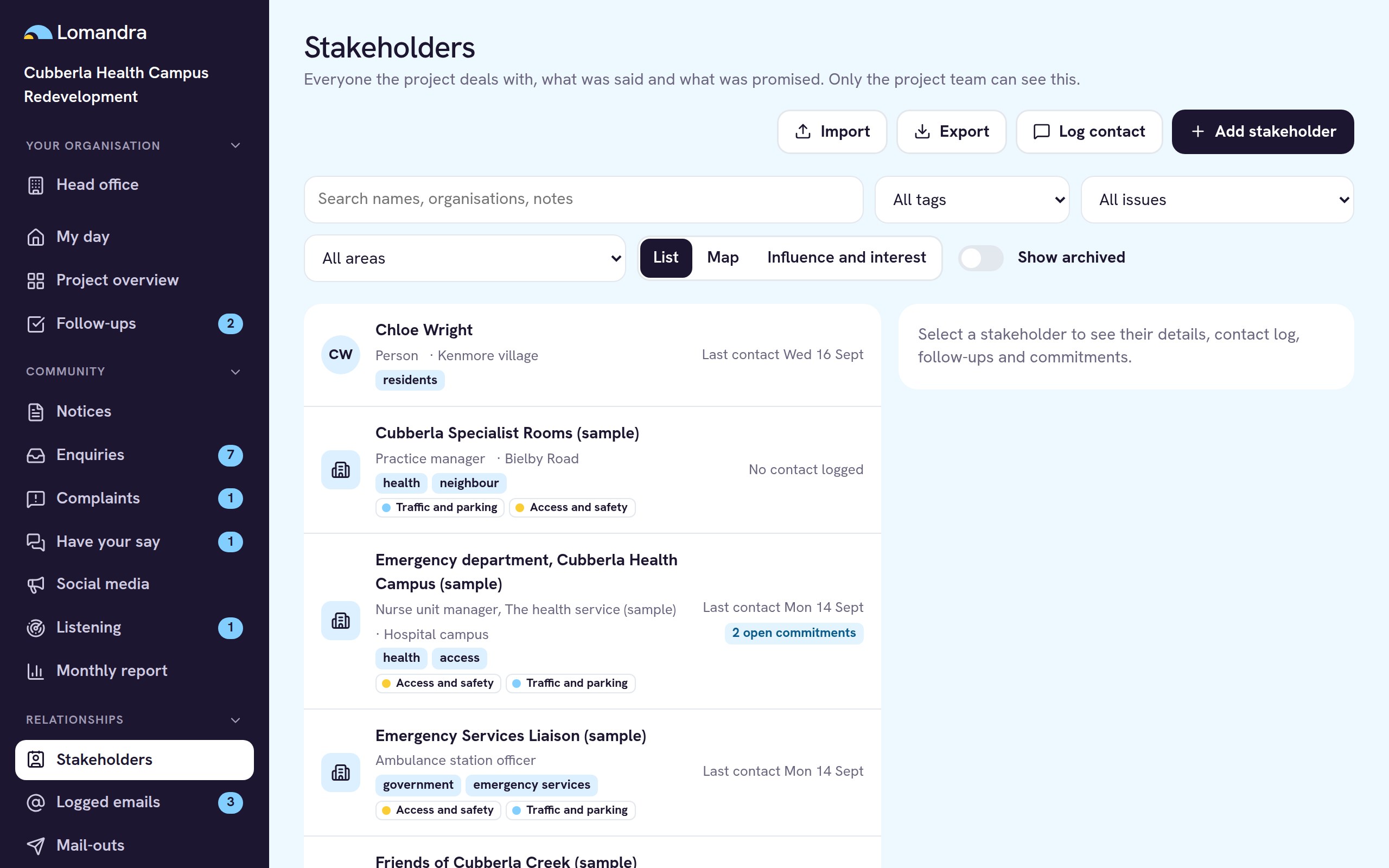 Stakeholder register list with tags and last contact dates