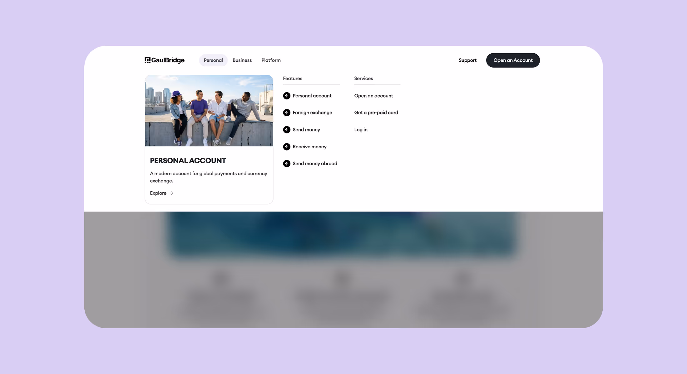 Webflow website design for Gaulbridge showing the personal account page and navigation menu