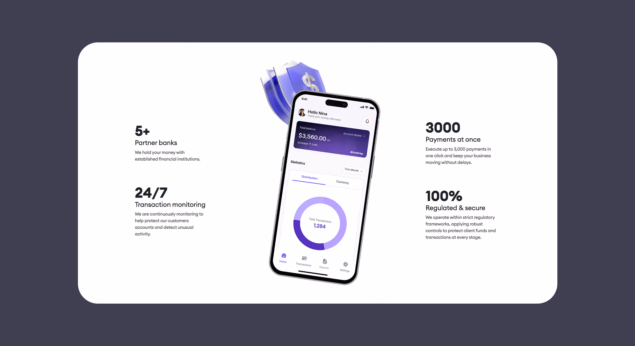 Webflow website design for Gaulbridge showing banking statistics beside a phone app mockup