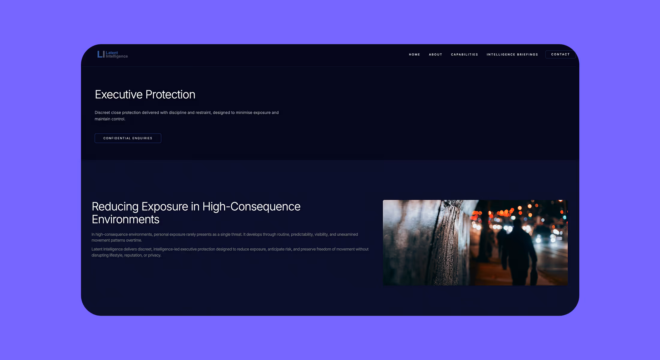Webflow website design for Latent Intelligence showing close protection service pages