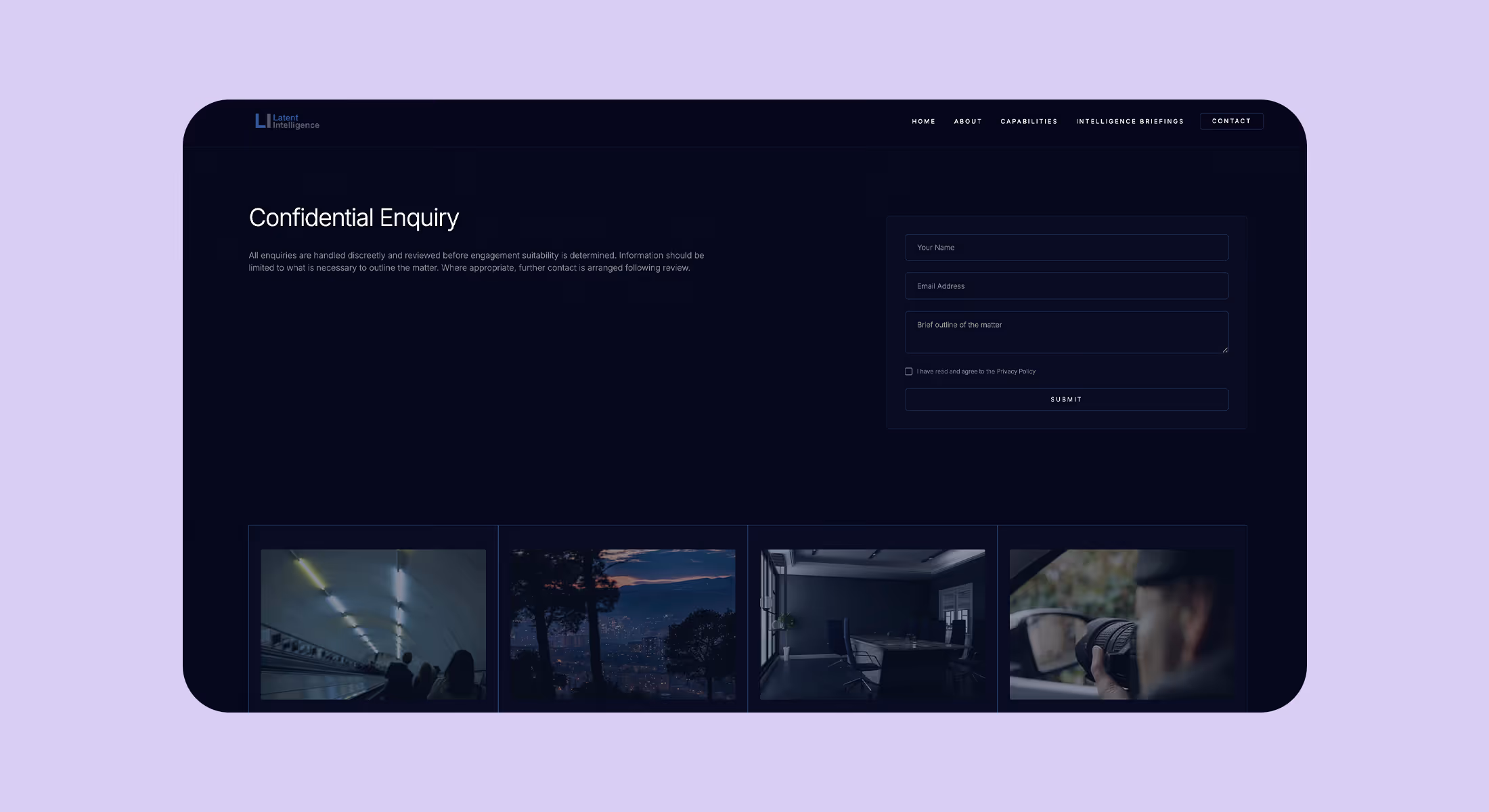 Webflow website design for Latent Intelligence showing its confidential enquiry page