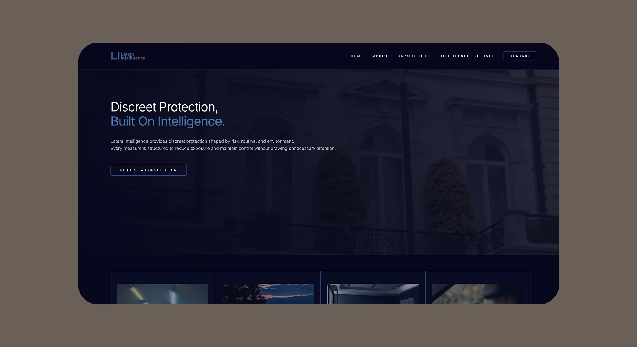 Webflow website design for Latent Intelligence with its discreet protection hero