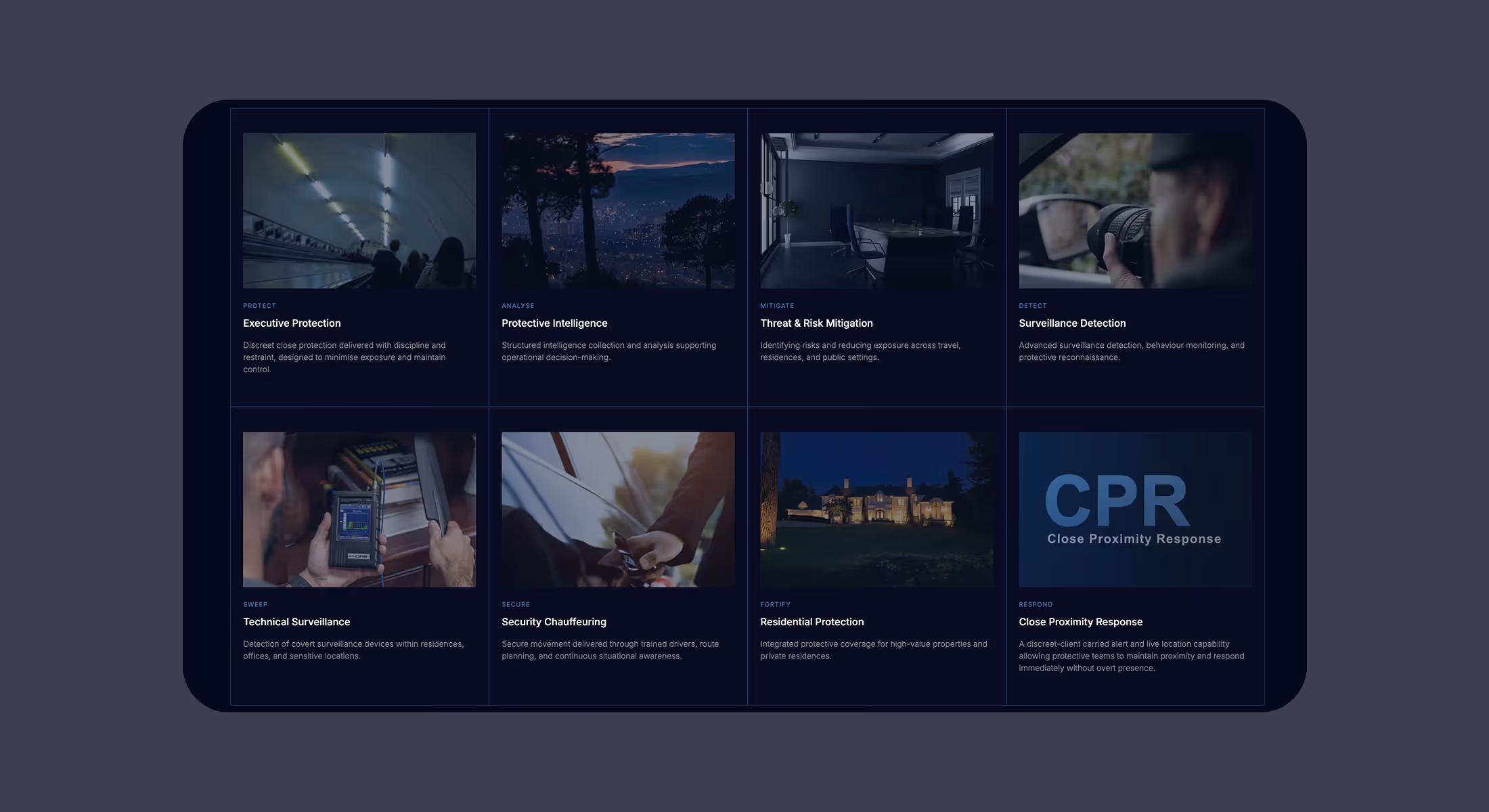 Webflow website design for Latent Intelligence showing a dark grid of protection services