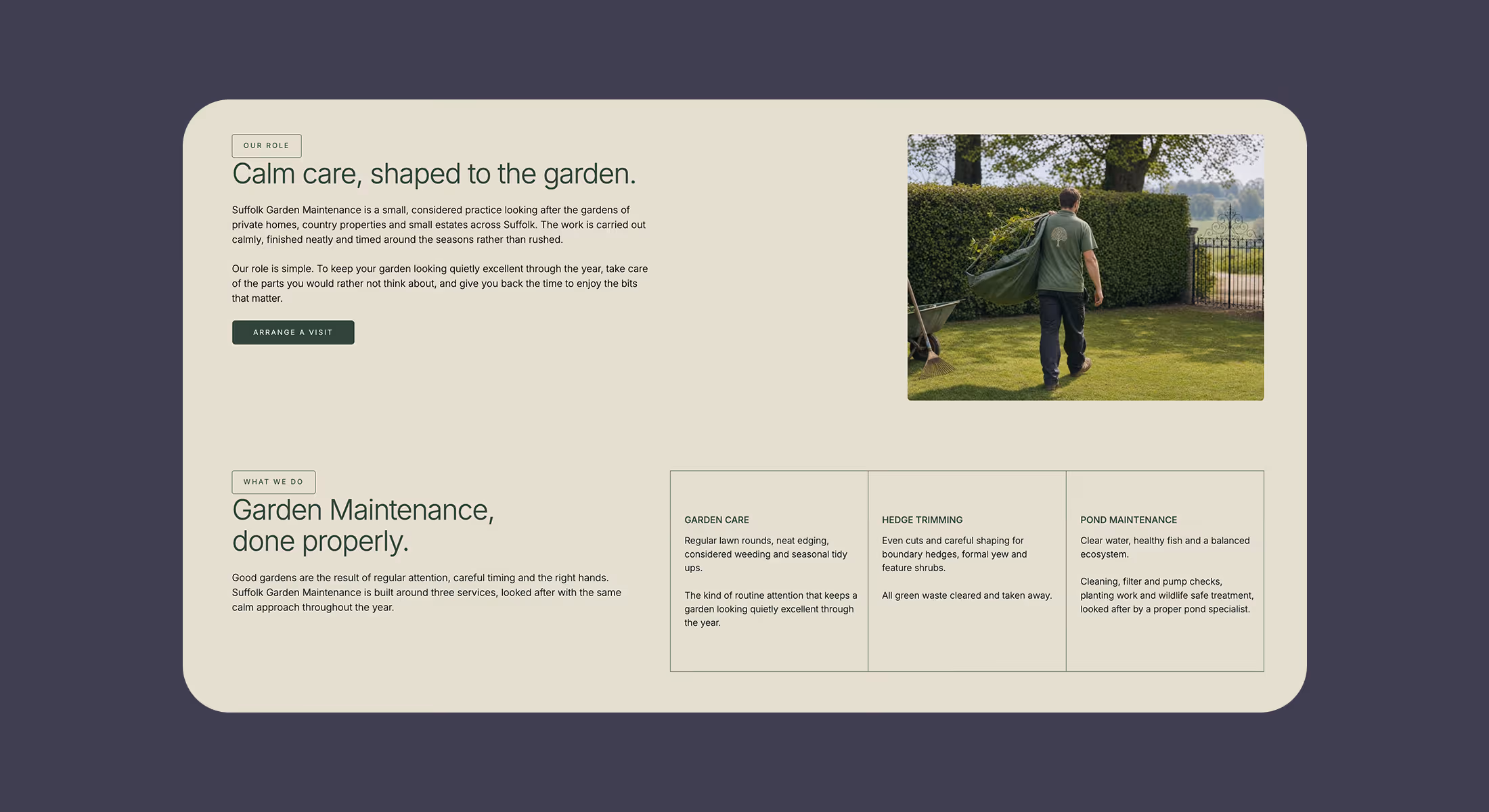 Webflow website design for a Suffolk garden company showing a gardener at work on a lawn