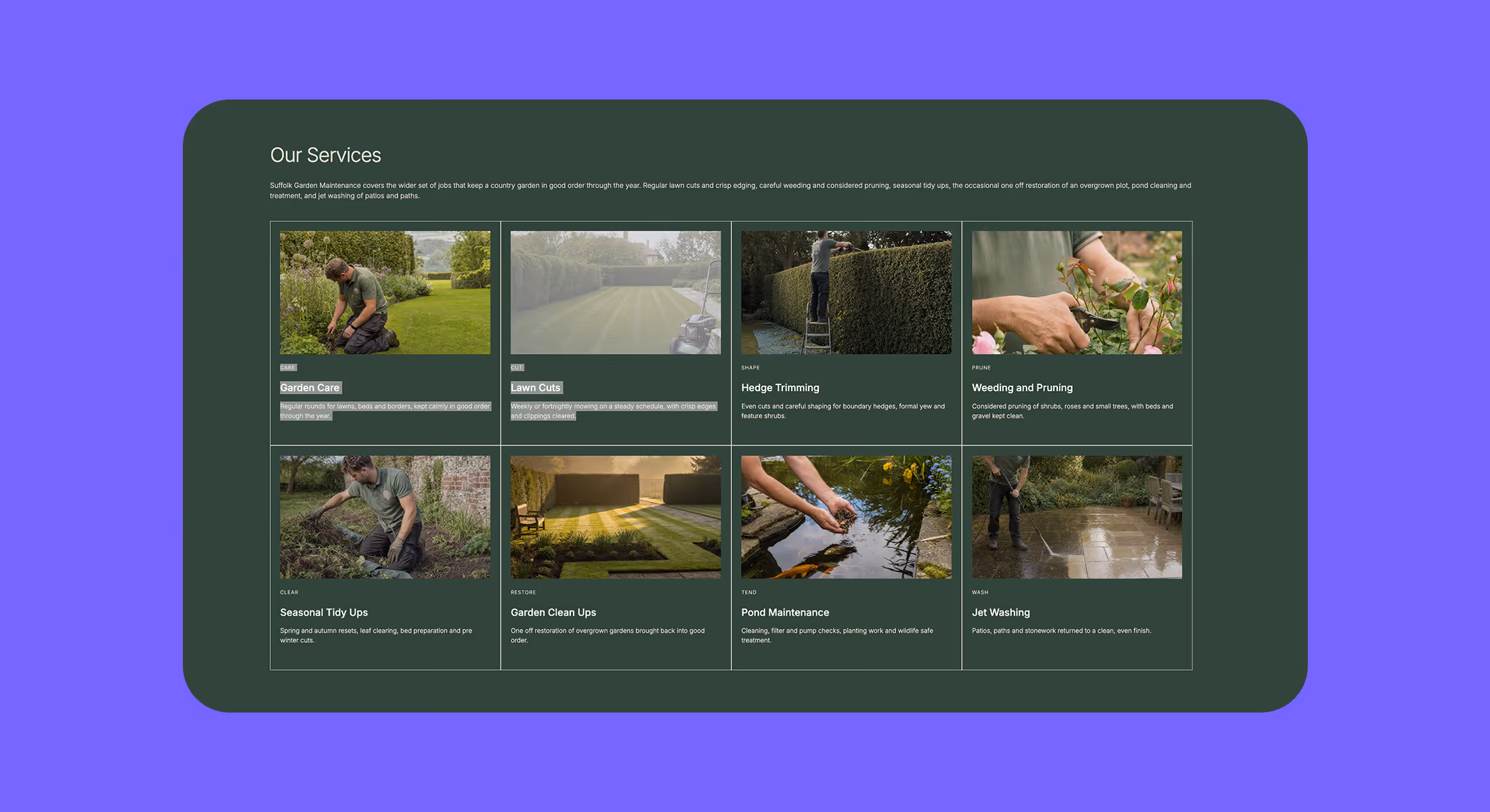 Webflow website design for a Suffolk garden maintenance company listing its services with photos