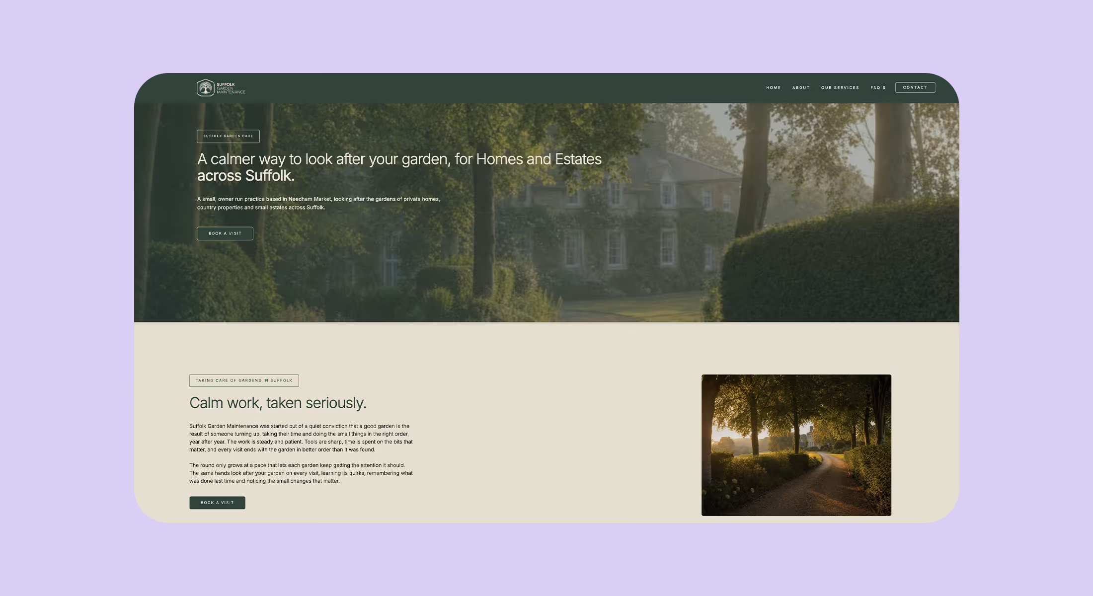 Webflow website design for a Suffolk garden care company showing a misty country garden hero