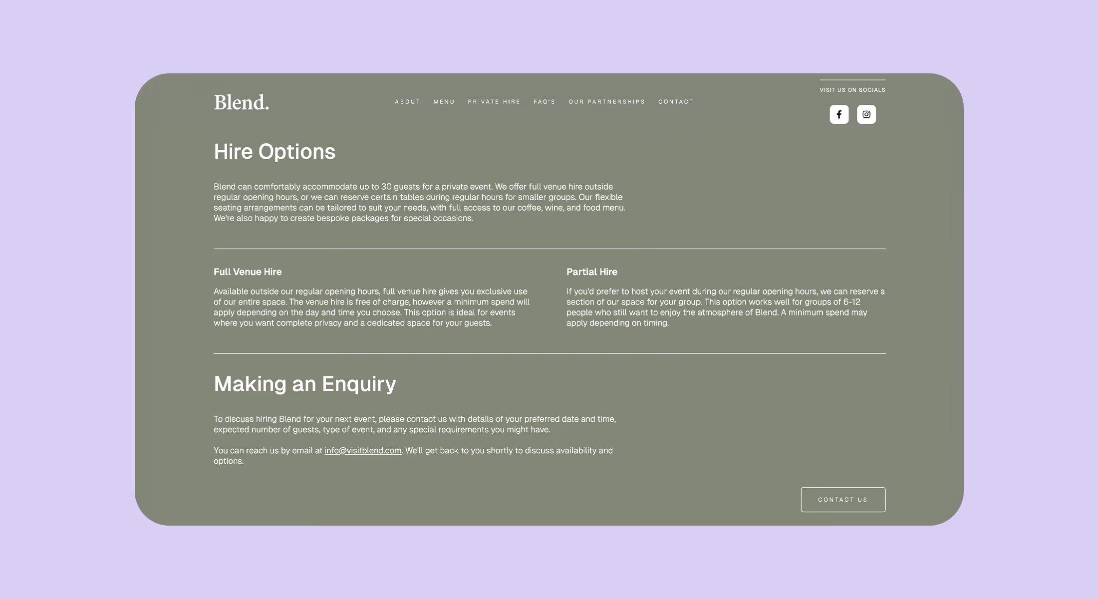 Webflow website design for Blend coffee bar showing venue hire options and enquiry section