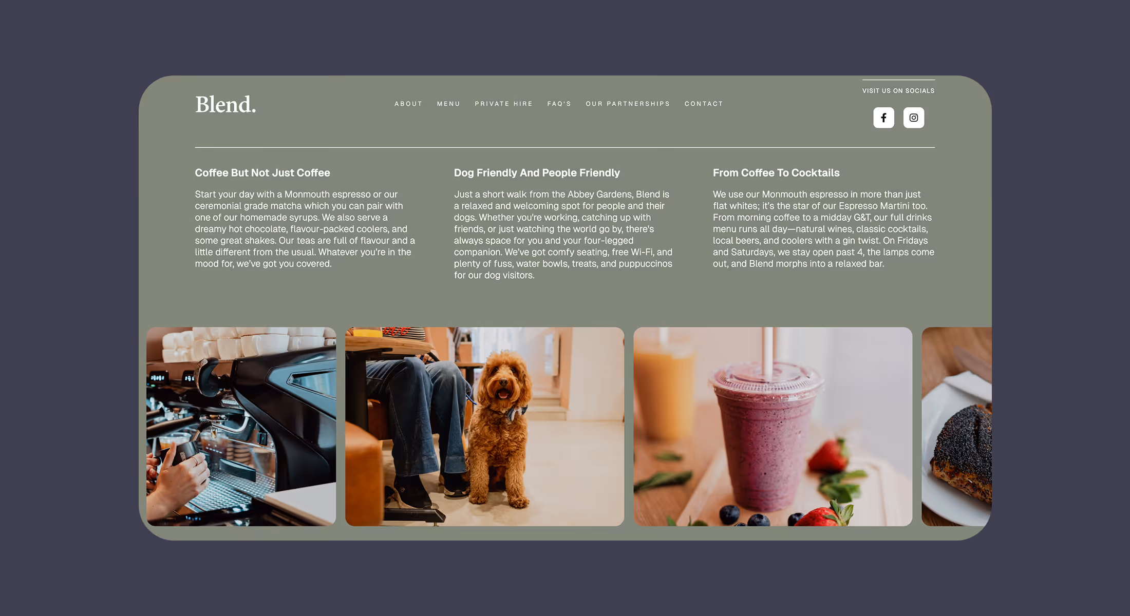 Webflow website design for Blend coffee bar showing dog friendly cafe photography