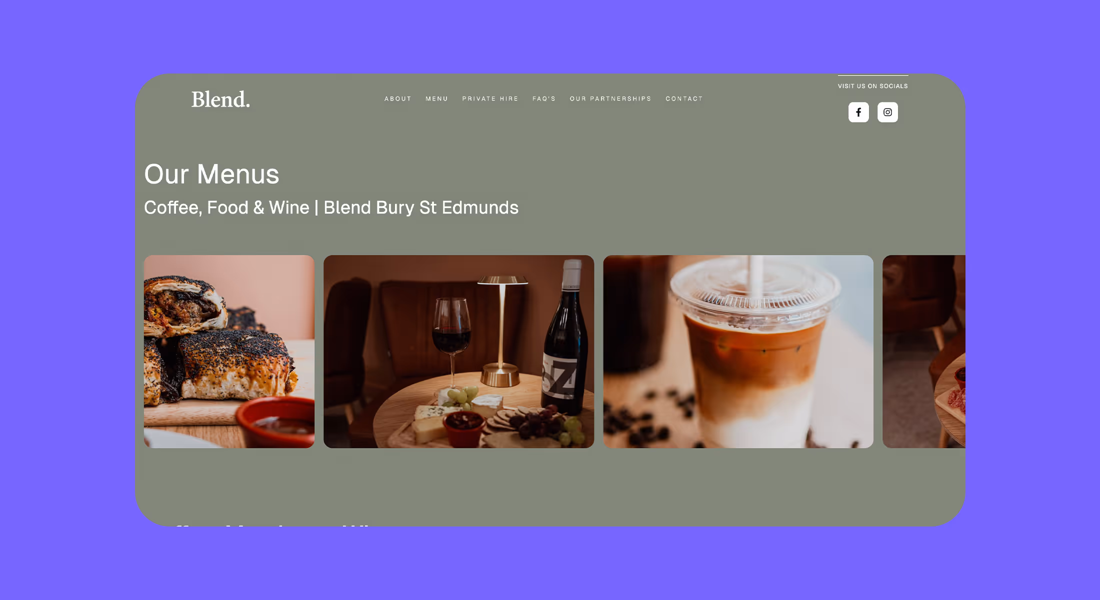 Webflow website design for Blend in Bury St Edmunds showing its coffee, food and wine menus