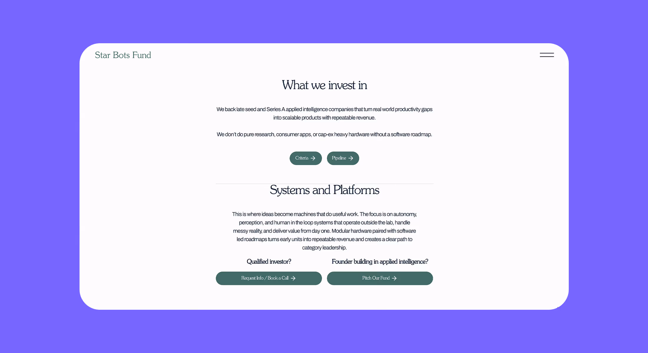 Webflow website design for Star Bots Fund explaining what the fund invests in