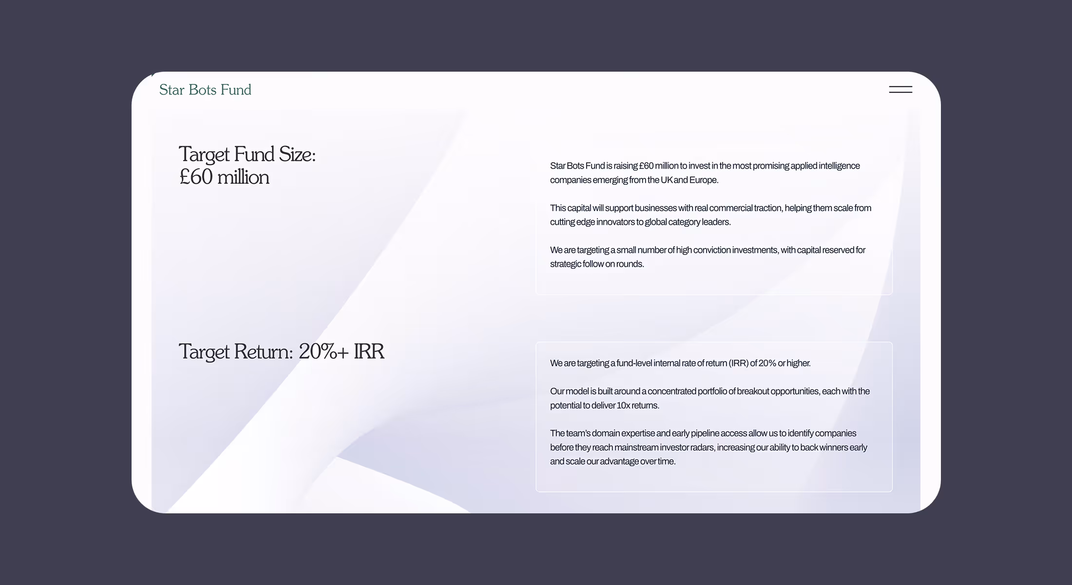 Webflow website design for Star Bots Fund showing target fund size and return figures