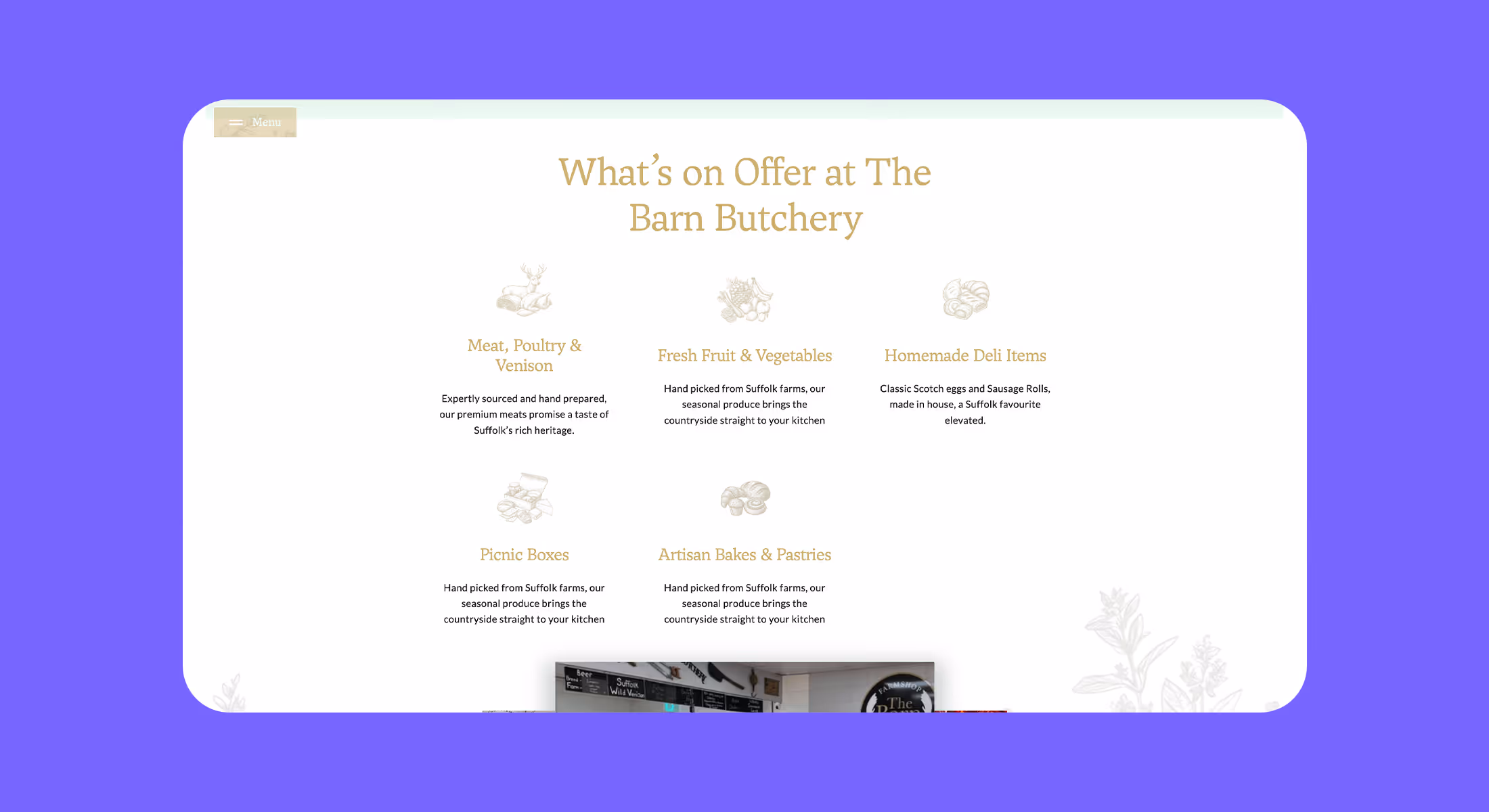 Webflow website design for The Barn Butchery listing what is on offer across the butchery and deli