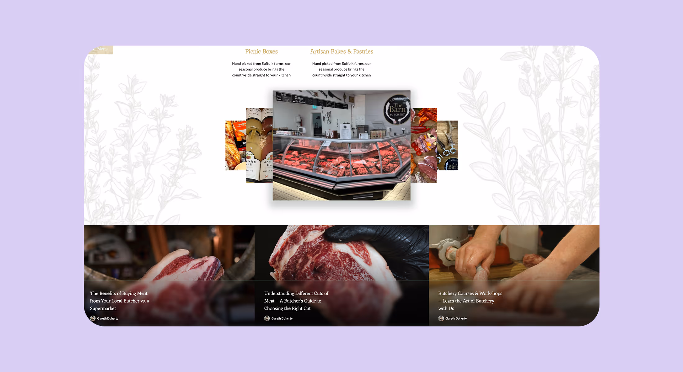 Webflow website design for The Barn Butchery showing shop counter photography and services