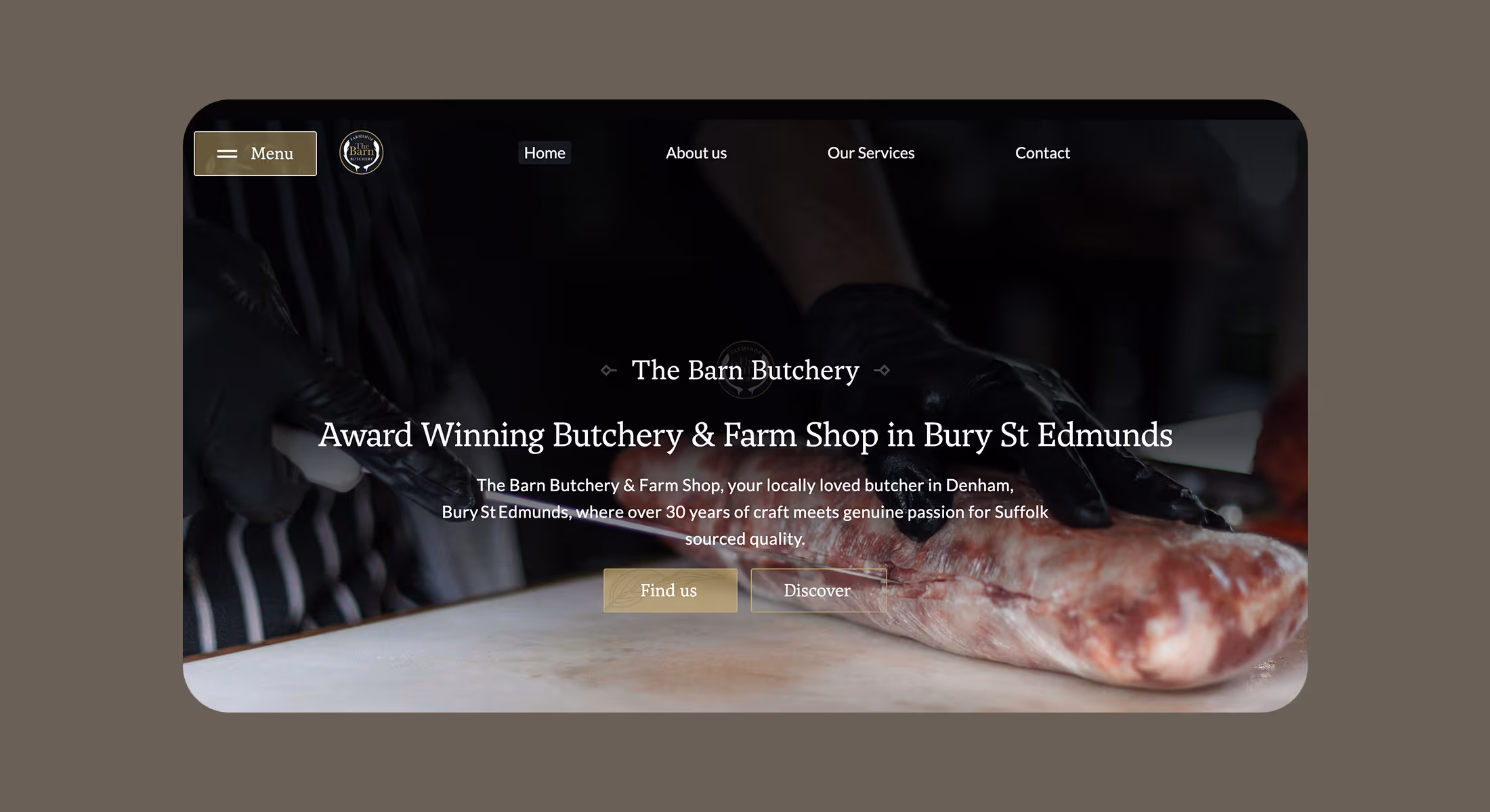 Webflow website design for The Barn Butchery showing its Bury St Edmunds farm shop homepage