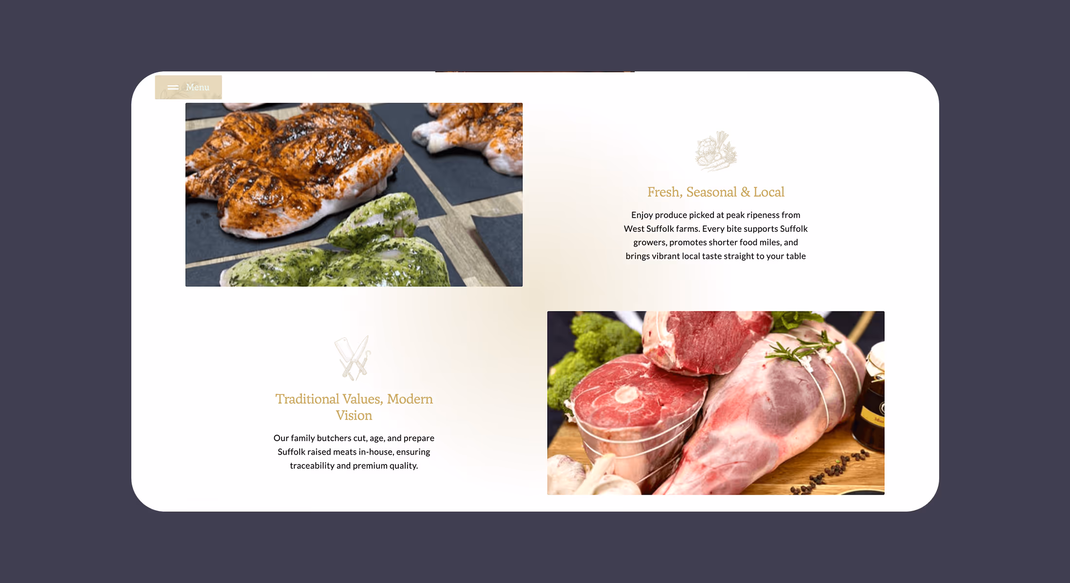 Webflow website design for The Barn Butchery showing fresh, seasonal and local produce sections