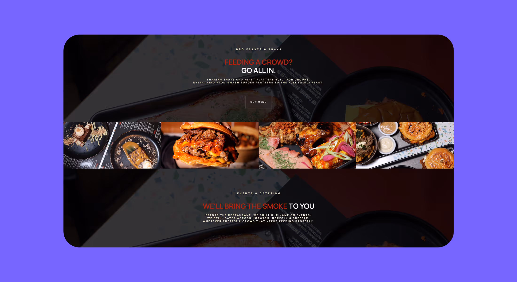 The Arrogant BBQ website section with smoky barbecue food photography and bold headlines