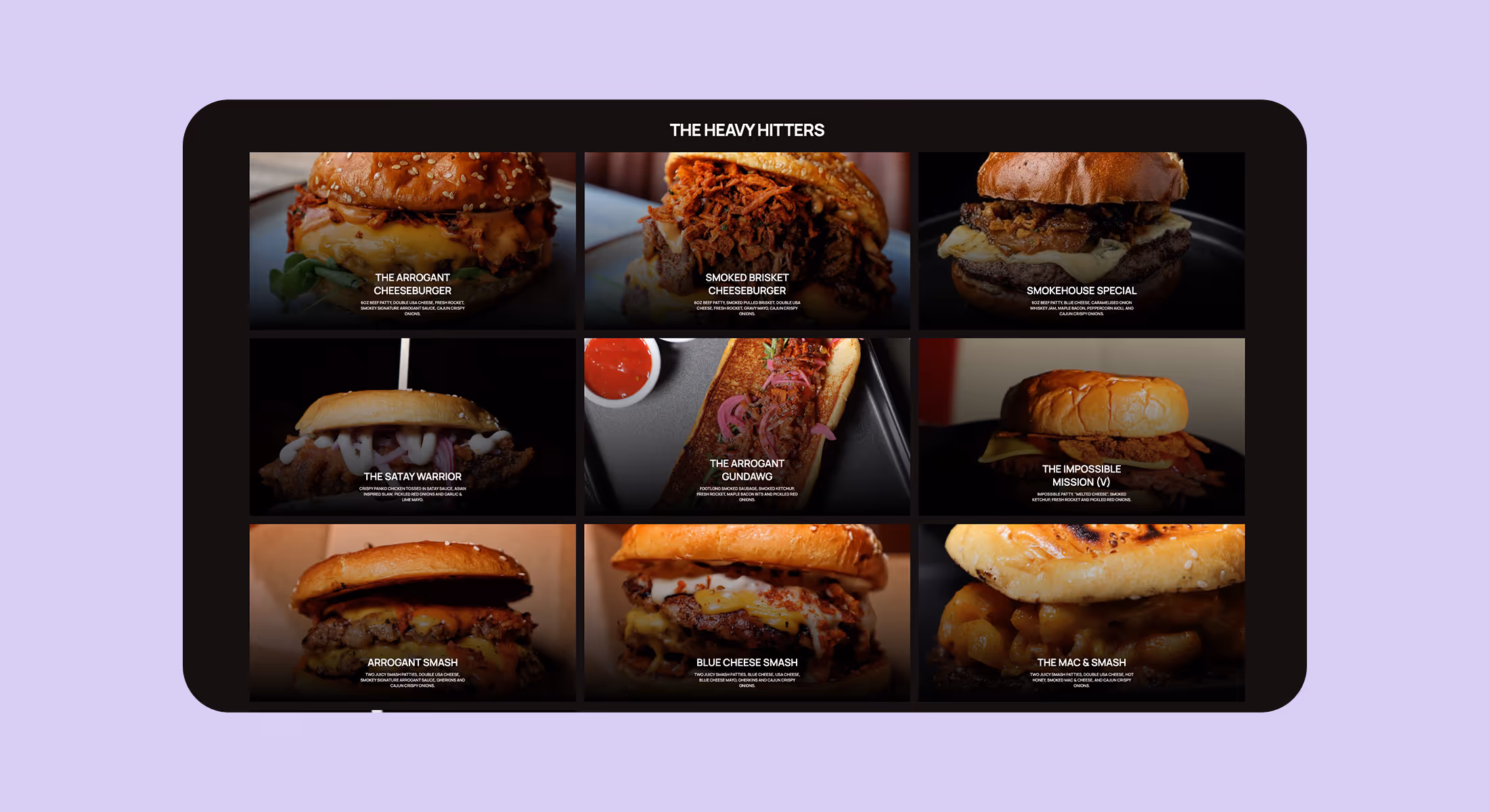 The Arrogant BBQ website burger menu showing the heavy hitters range