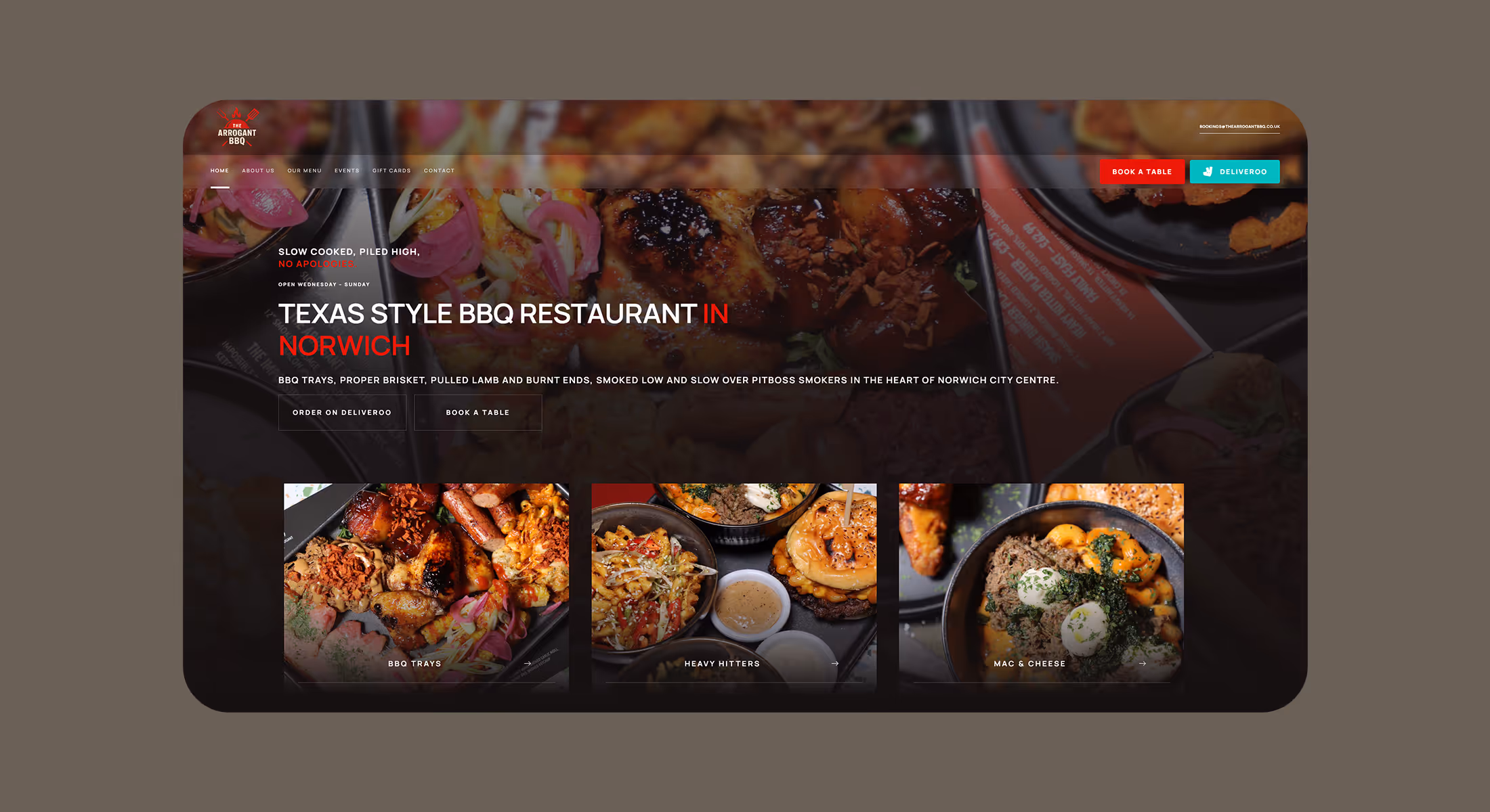 The Arrogant BBQ website homepage for its Texas style restaurant in Norwich