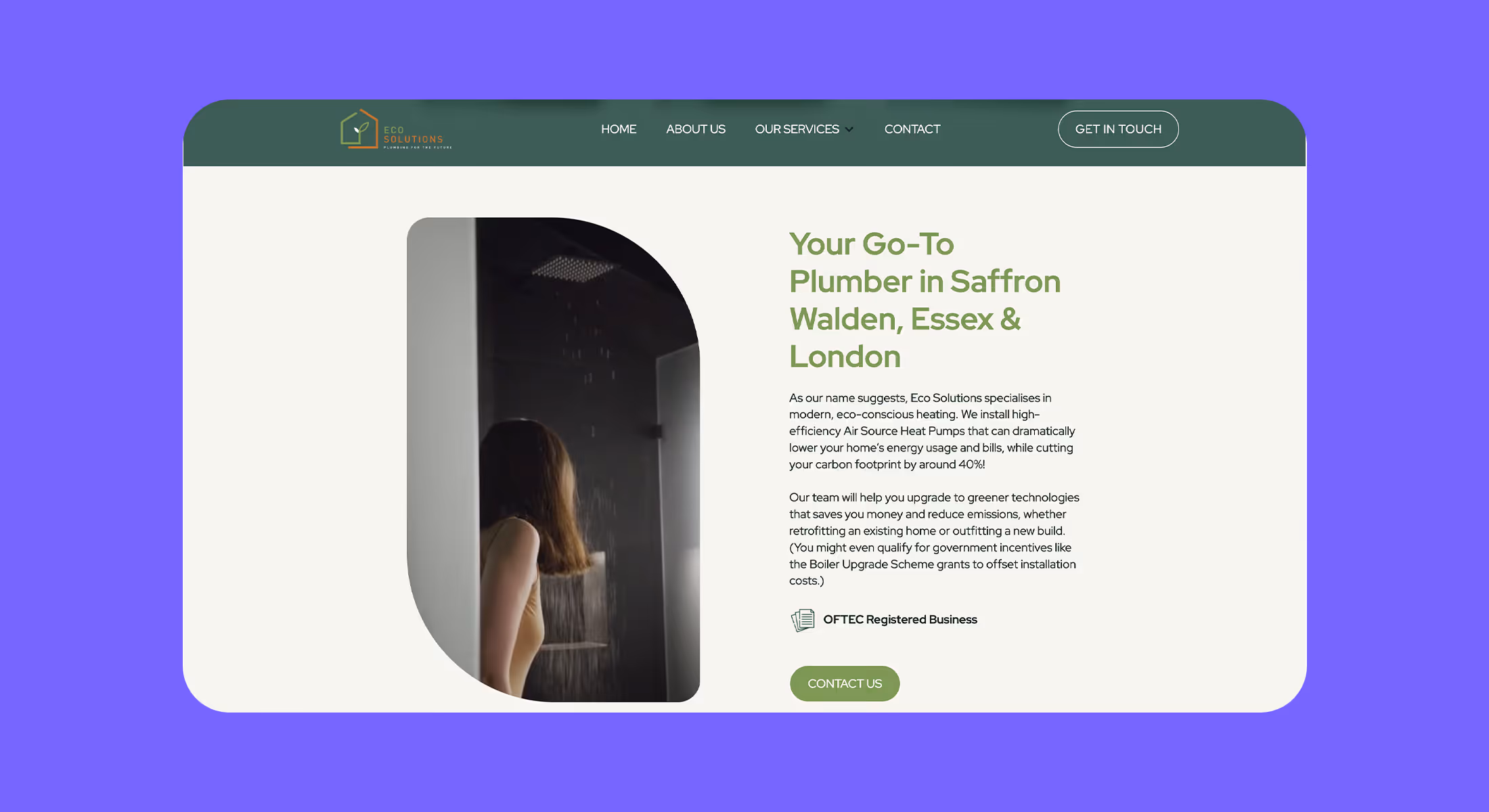 Eco Solutions website section introducing its Saffron Walden plumbers