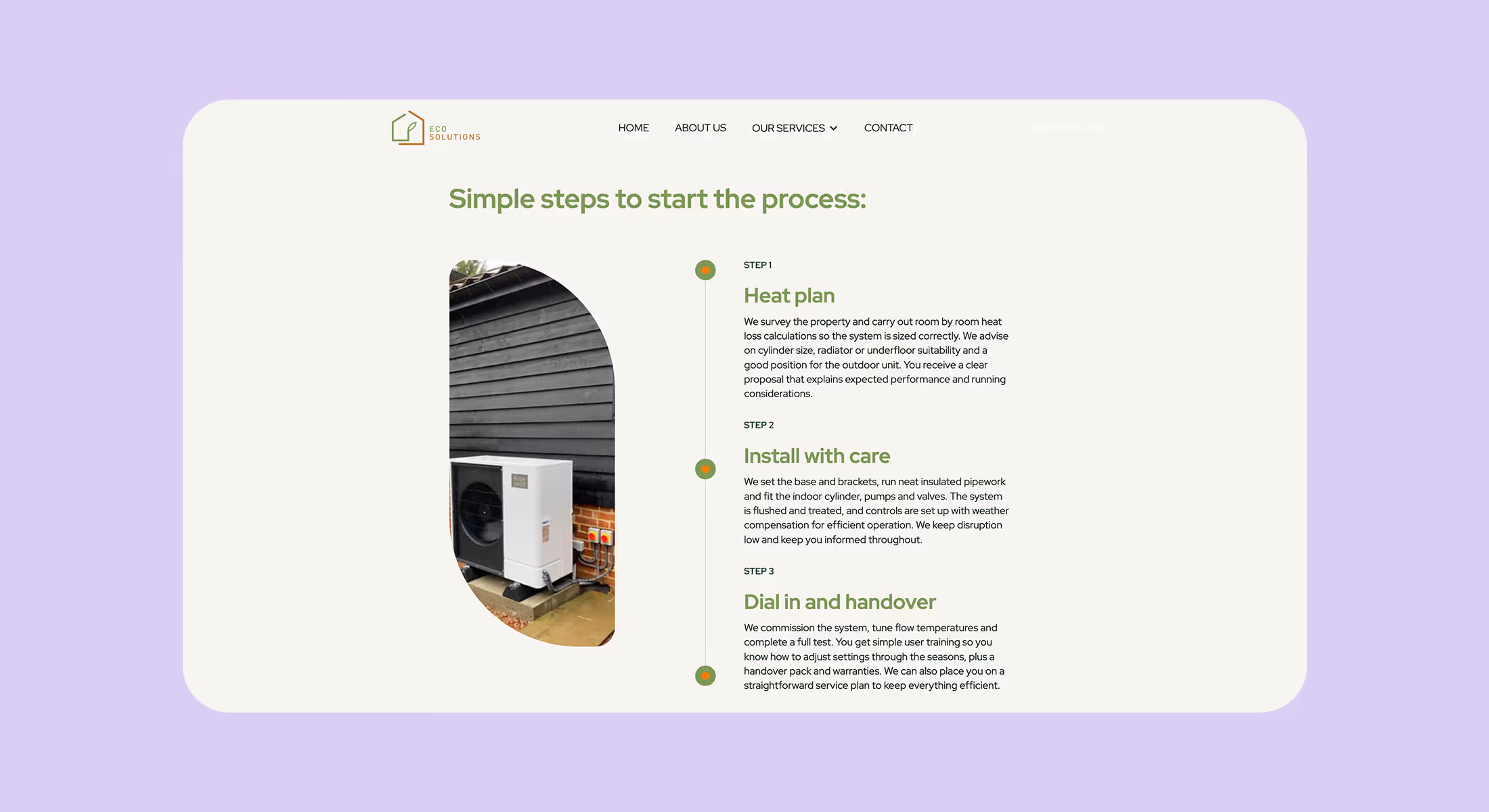 Eco Solutions website page showing steps for a heat pump installation
